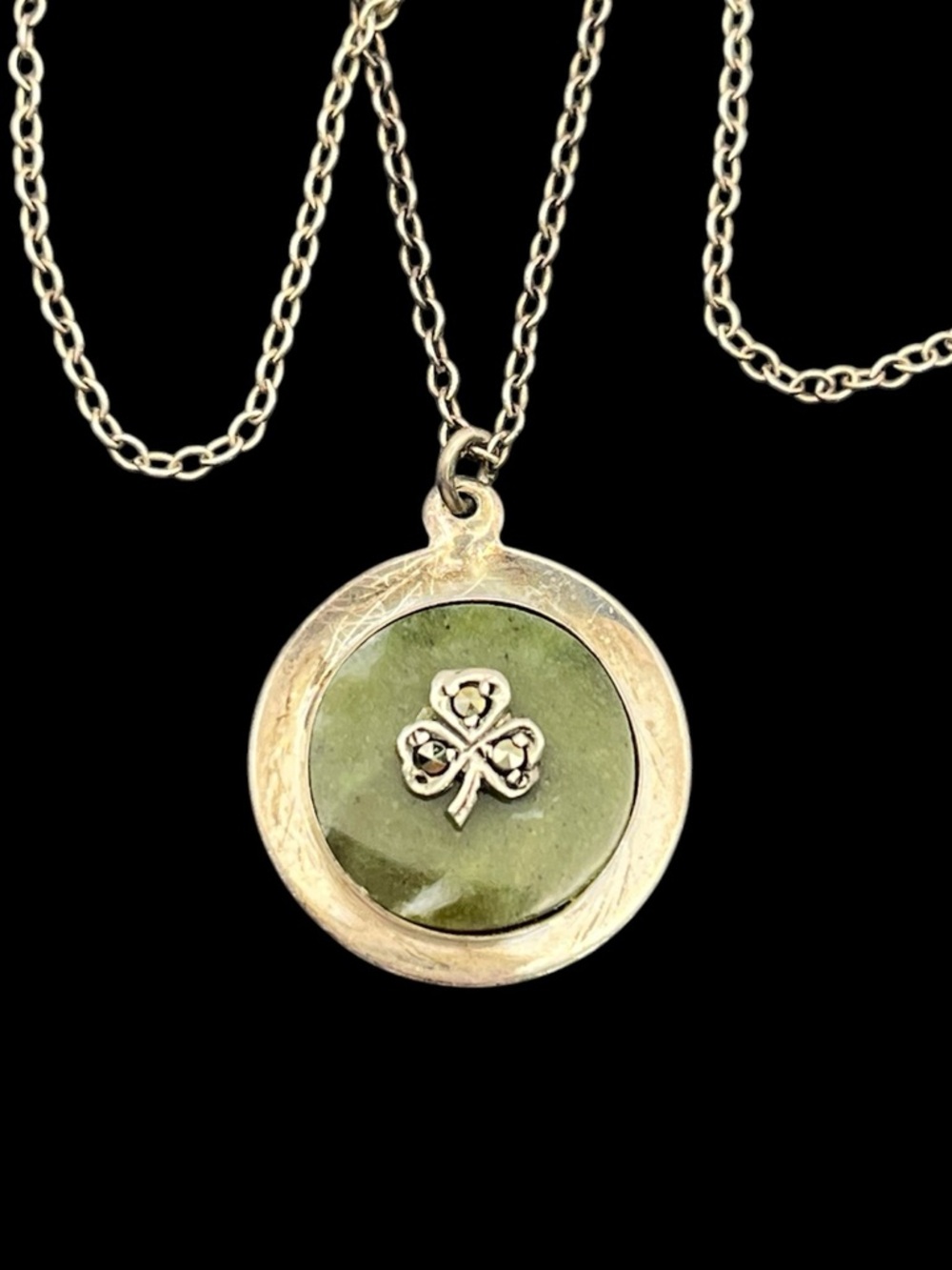 Irish Marcasite Shamrock Connemara Marble green pendant on sterling silver chain